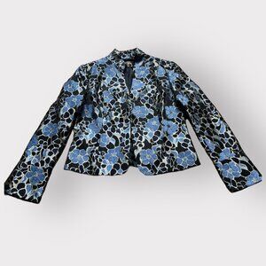 Blue Floral Long Sleeve Metallic Studio148 Size 8 Jacquard Flared Sleeve Jacket